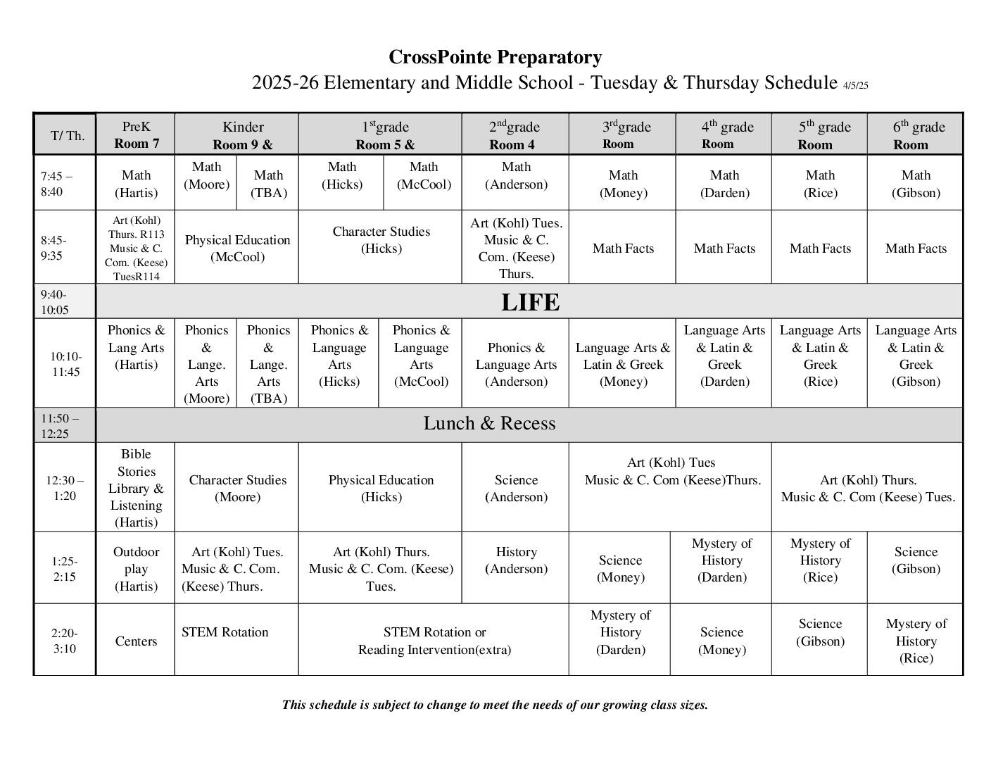 Class Schedule Page 1