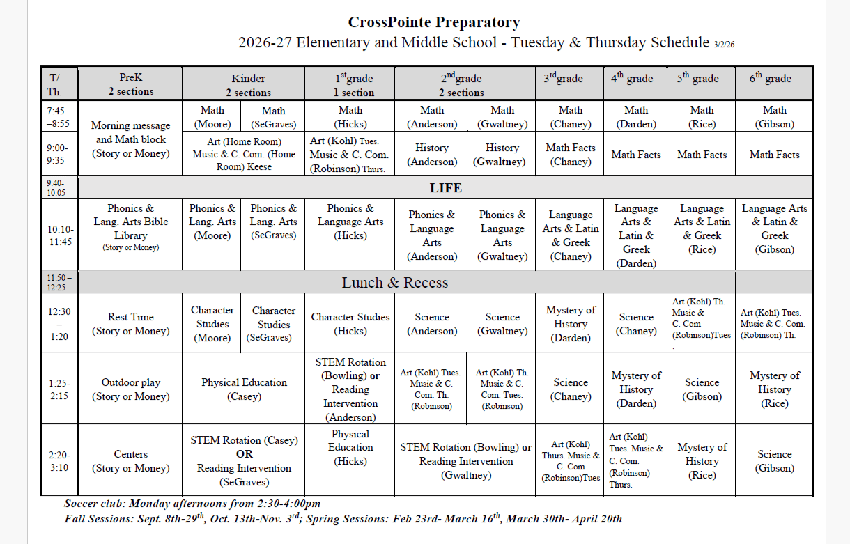 Class Schedule Page 1